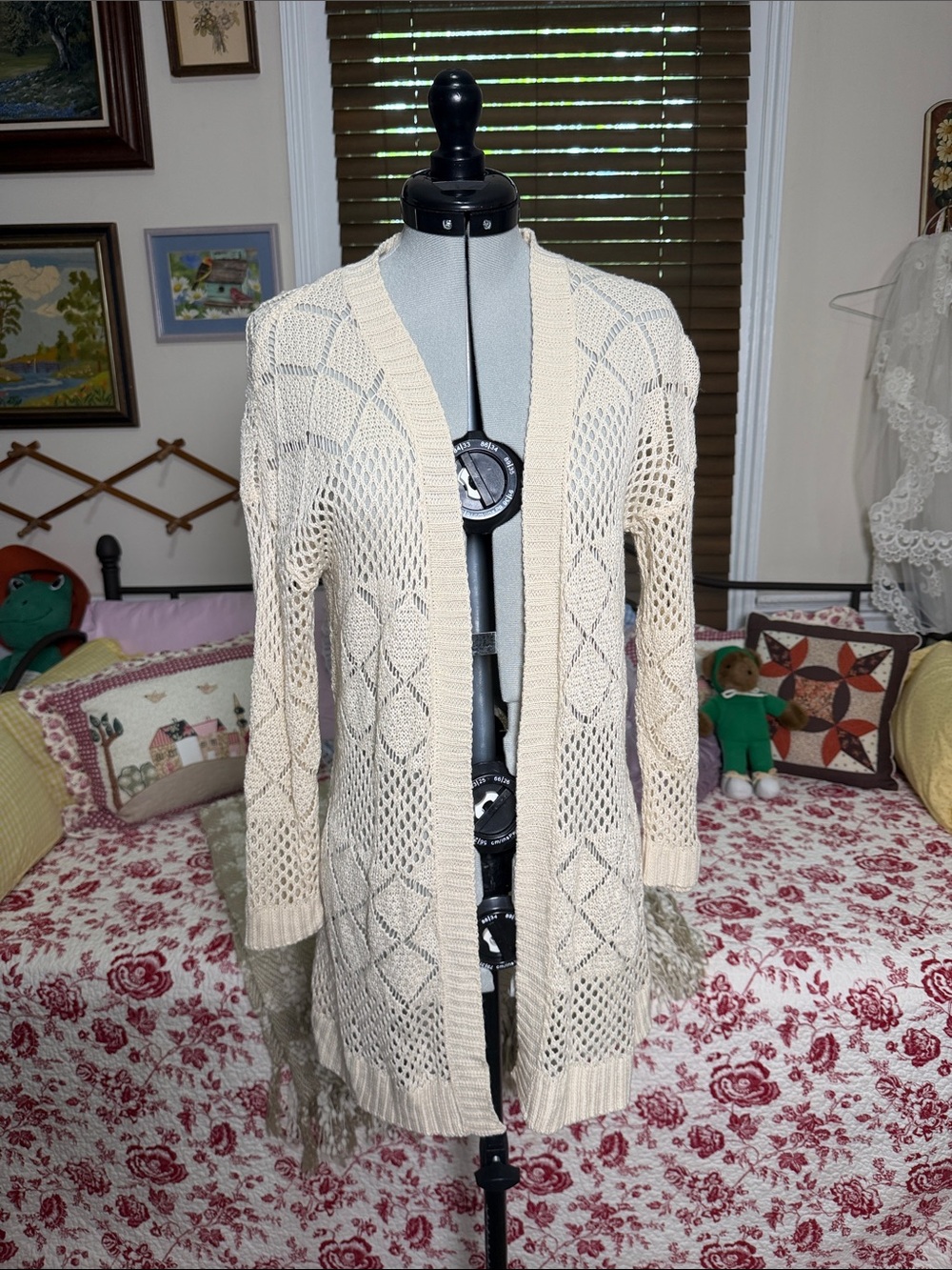 Pink Rose Cream Open-Weave Crochet Cardigan